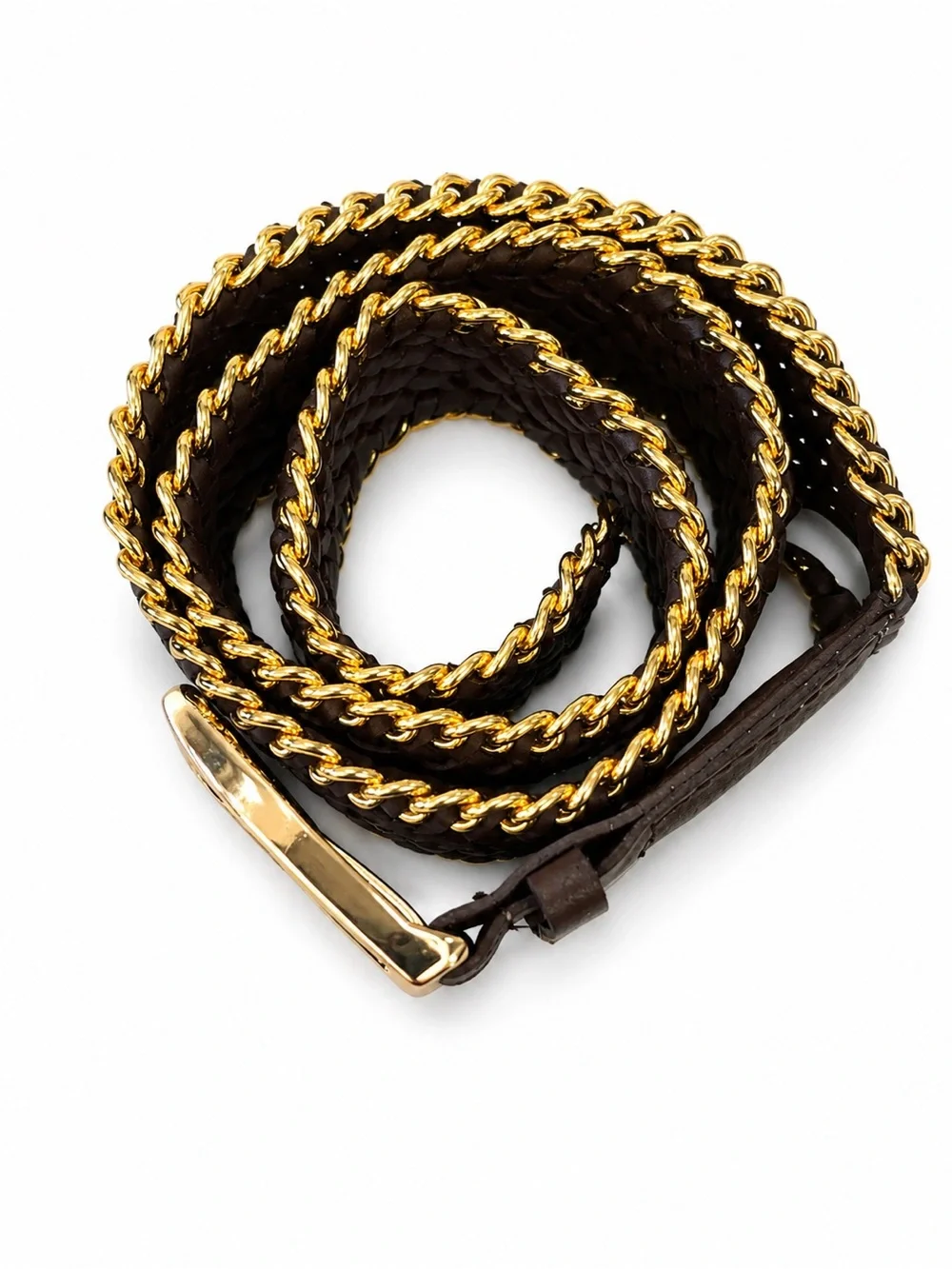 Michael Kors Dark Brown Woven Leather Belt with Gold Chain and Buckle